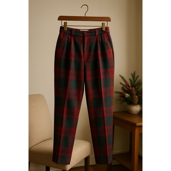 Vintage Bill Blass Wool Tartan Plaid High Waist Trousers Pants Red Green Size 10 - Picture 2 of 16